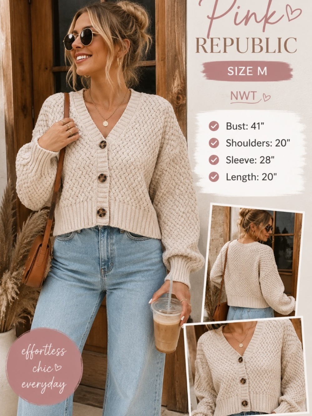 Pink Republic NWT Cream Textured Knit Cardigan Sweater Medium Cozy - Picture 2 of 7